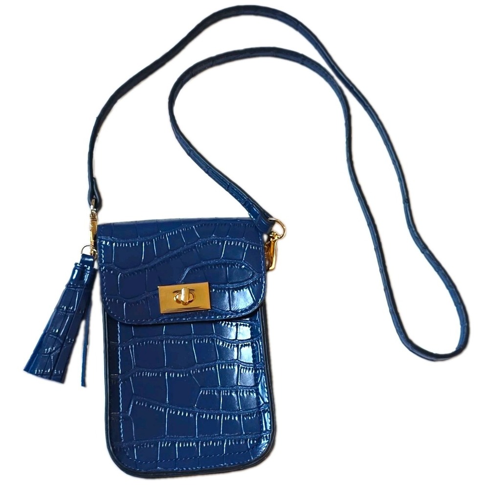 Mellow World Blue Croc Embossed Crossbody Phone Bag Tassel Turn Lock Window